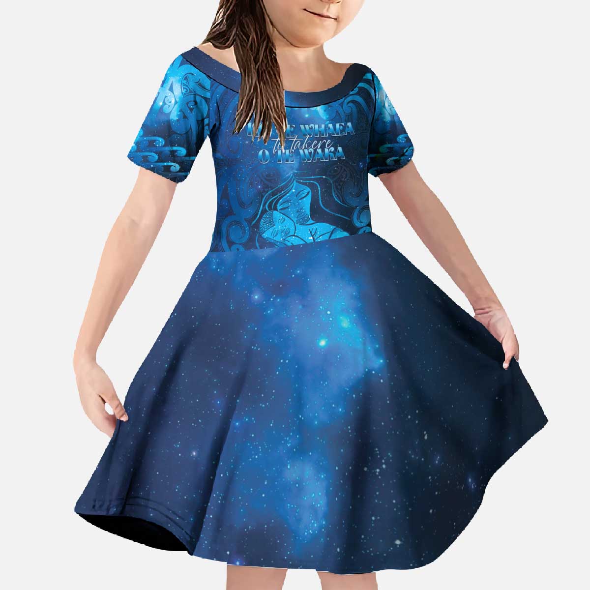 Personalised New Zealand Mother's Day Family Matching Off The Shoulder Long Sleeve Dress and Hawaiian Shirt Ko Te Whaea Te Takere O Te Waka LT05 Daughter's Dress Blue - Polynesian Pride