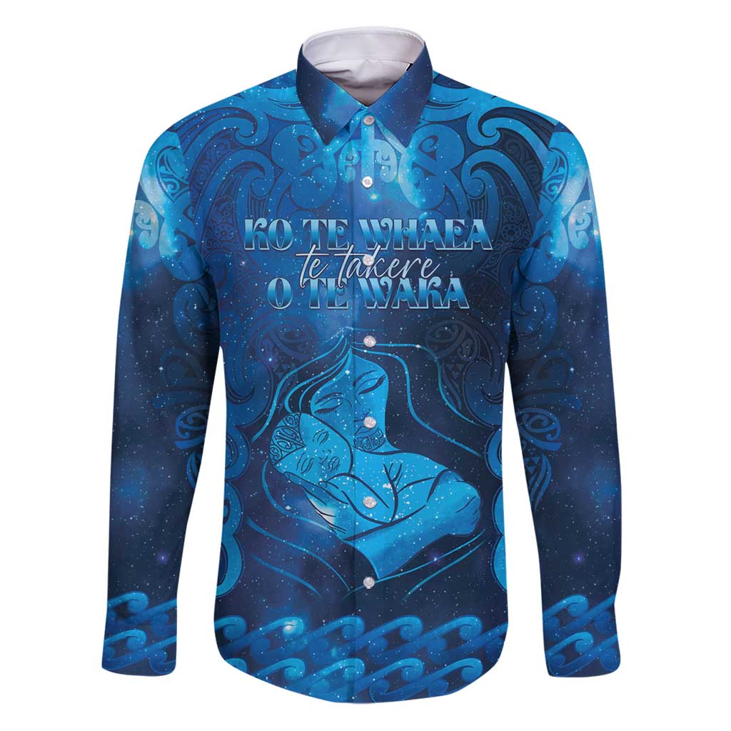 Personalised New Zealand Mother's Day Family Matching Puletasi and Hawaiian Shirt Ko Te Whaea Te Takere O Te Waka LT05 Dad's Shirt - Long Sleeve Blue - Polynesian Pride