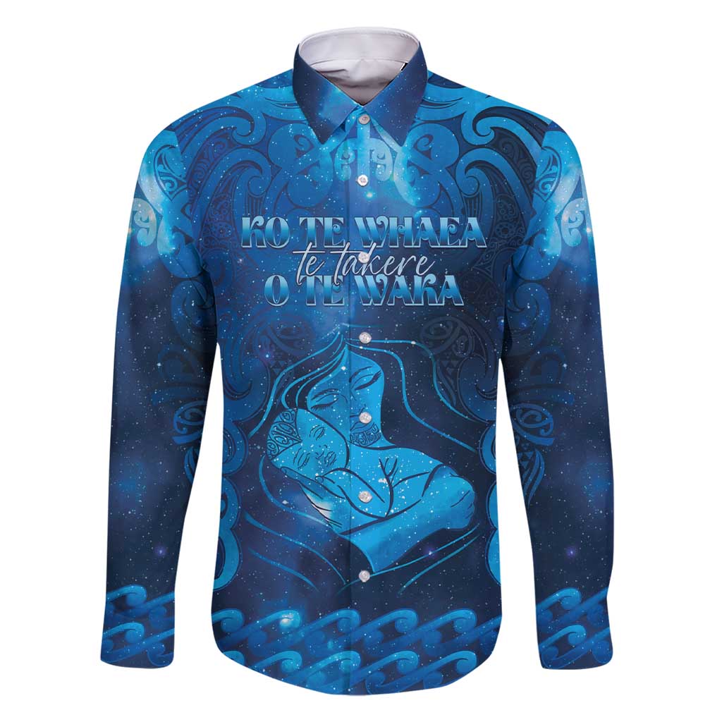 Personalised New Zealand Mother's Day Family Matching Short Sleeve Bodycon Dress and Hawaiian Shirt Ko Te Whaea Te Takere O Te Waka LT05 Dad's Shirt - Long Sleeve Blue - Polynesian Pride