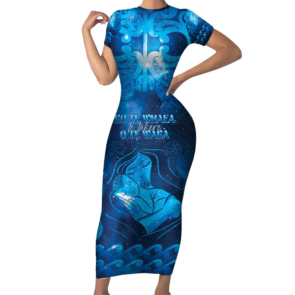 Personalised New Zealand Mother's Day Family Matching Short Sleeve Bodycon Dress and Hawaiian Shirt Ko Te Whaea Te Takere O Te Waka LT05 Mom's Dress Blue - Polynesian Pride