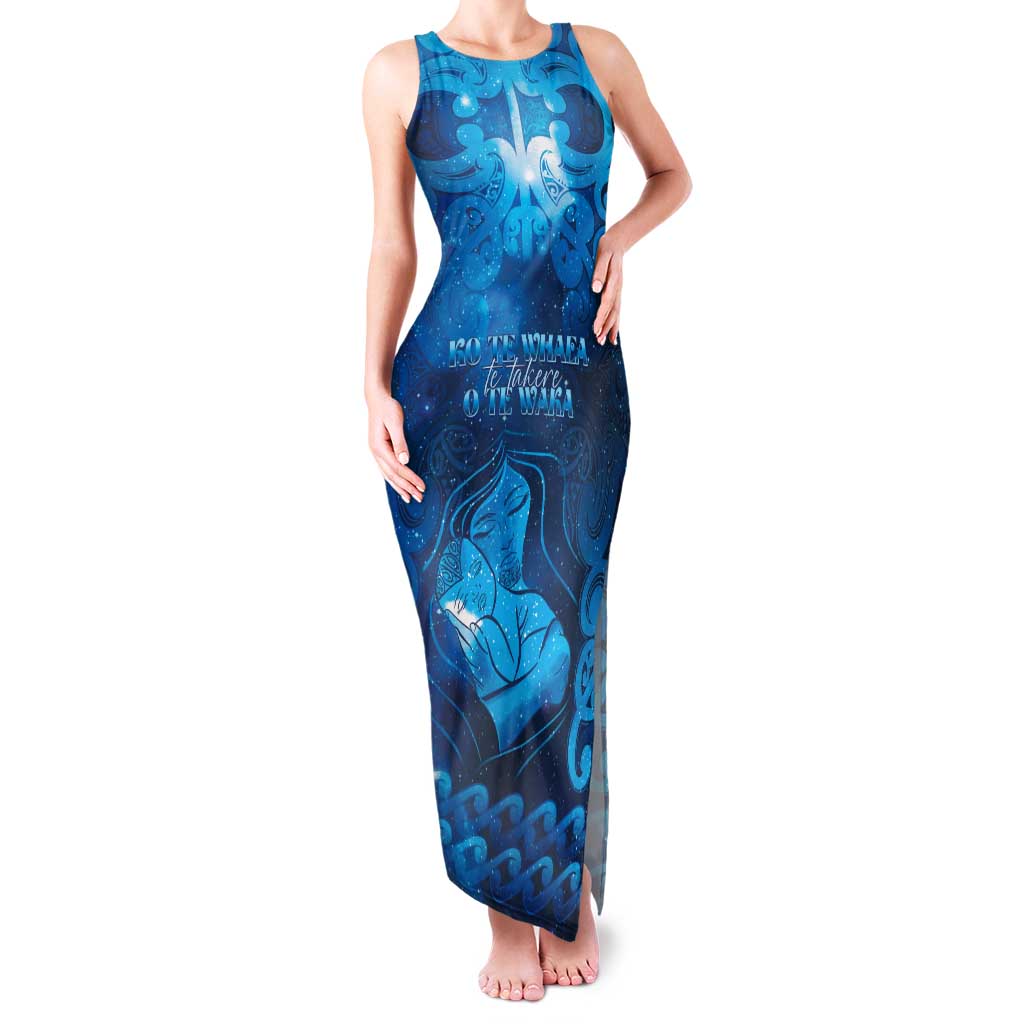 Personalised New Zealand Mother's Day Family Matching Tank Maxi Dress and Hawaiian Shirt Ko Te Whaea Te Takere O Te Waka LT05 Mom's Dress Blue - Polynesian Pride