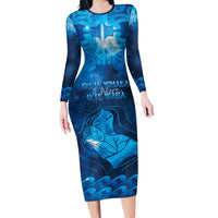 Personalised New Zealand Mother's Day Long Sleeve Bodycon Dress Ko Te Whaea Te Takere O Te Waka LT05 Long Dress Blue - Polynesian Pride