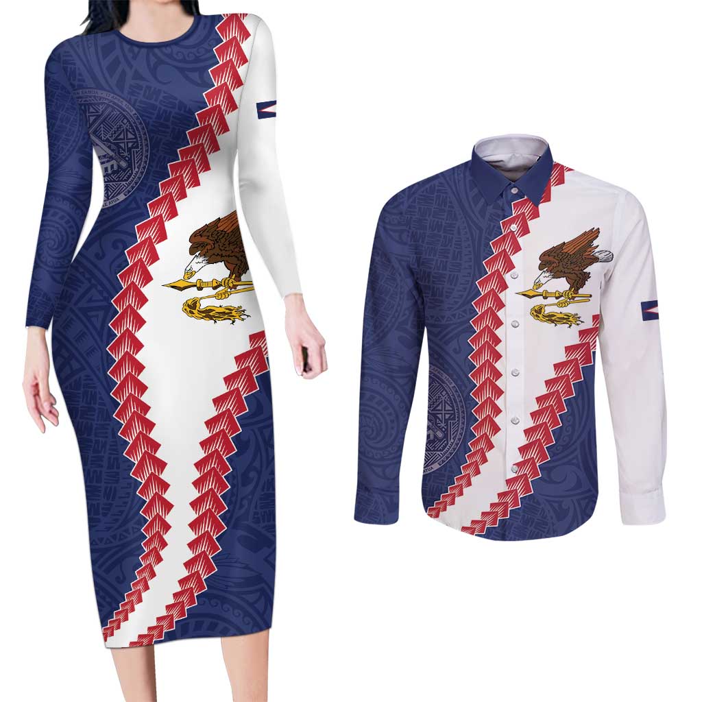 American Samoa Eagle Couples Matching Long Sleeve Bodycon Dress and Long Sleeve Button Shirt Polynesian Tribal Pattern Curve Style