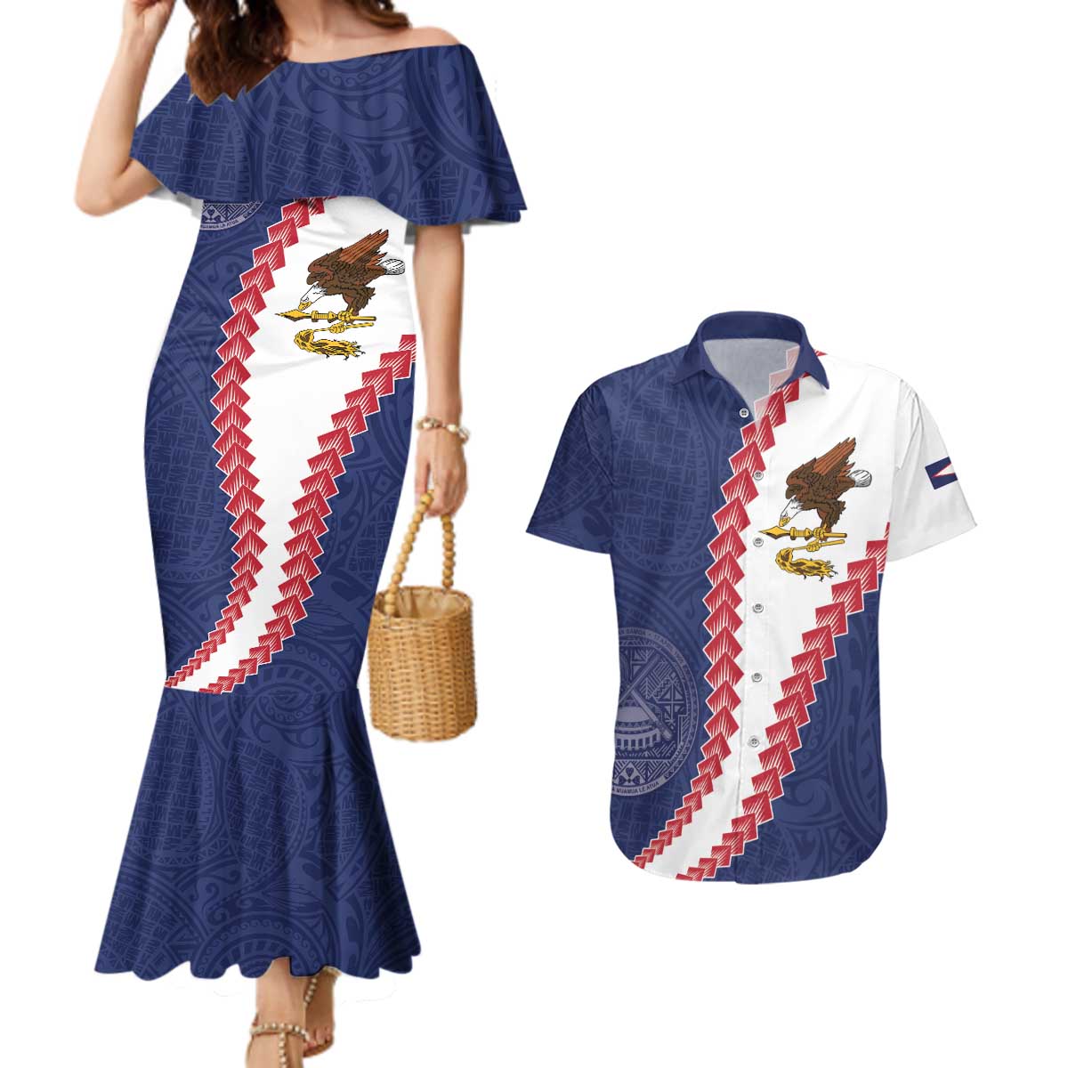 American Samoa Eagle Couples Matching Mermaid Dress and Hawaiian Shirt Polynesian Tribal Pattern Curve Style