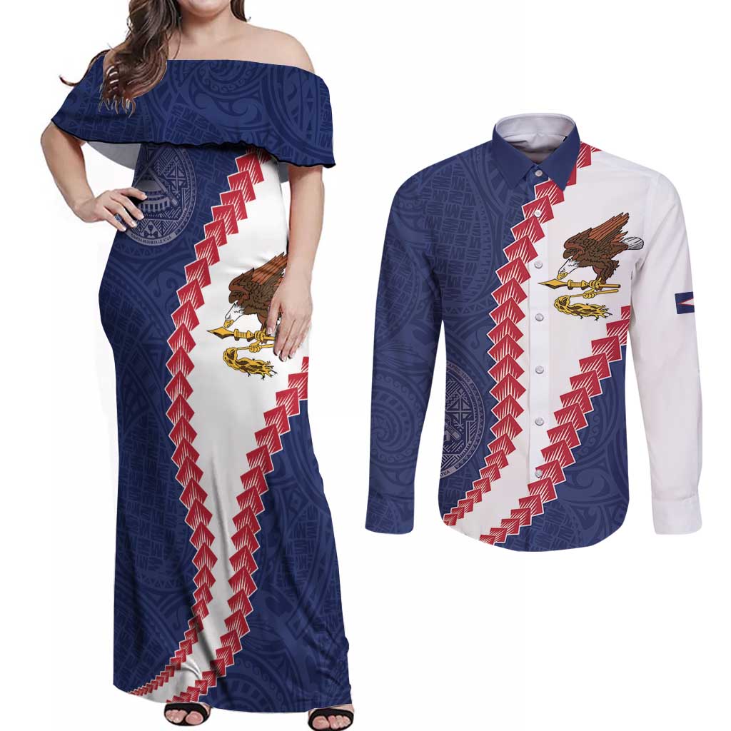 American Samoa Eagle Couples Matching Off Shoulder Maxi Dress and Long Sleeve Button Shirt Polynesian Tribal Pattern Curve Style