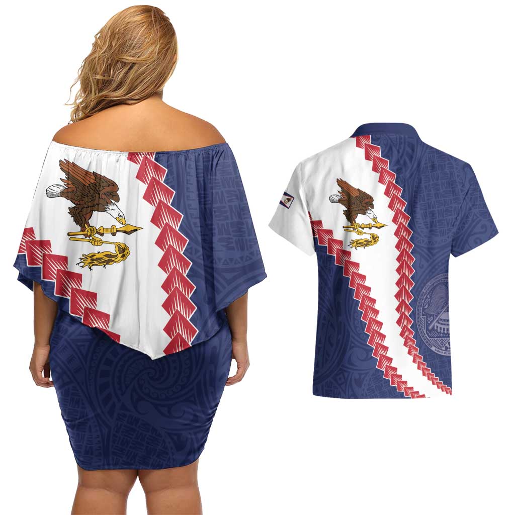 American Samoa Eagle Couples Matching Off Shoulder Short Dress and Hawaiian Shirt Polynesian Tribal Pattern Curve Style