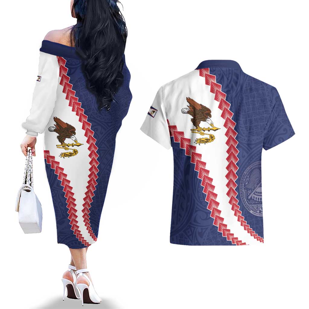 American Samoa Eagle Couples Matching Off The Shoulder Long Sleeve Dress and Hawaiian Shirt Polynesian Tribal Pattern Curve Style