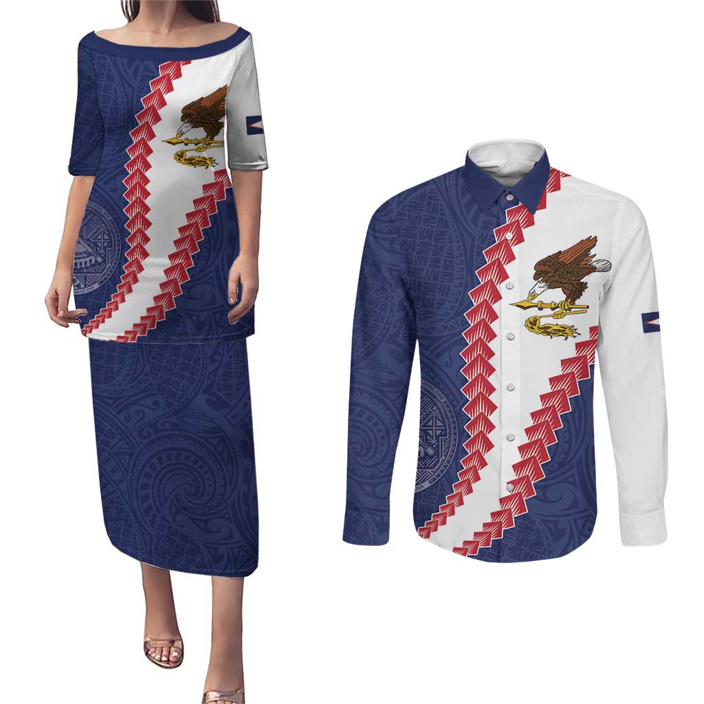 American Samoa Eagle Couples Matching Puletasi and Long Sleeve Button Shirt Polynesian Tribal Pattern Curve Style