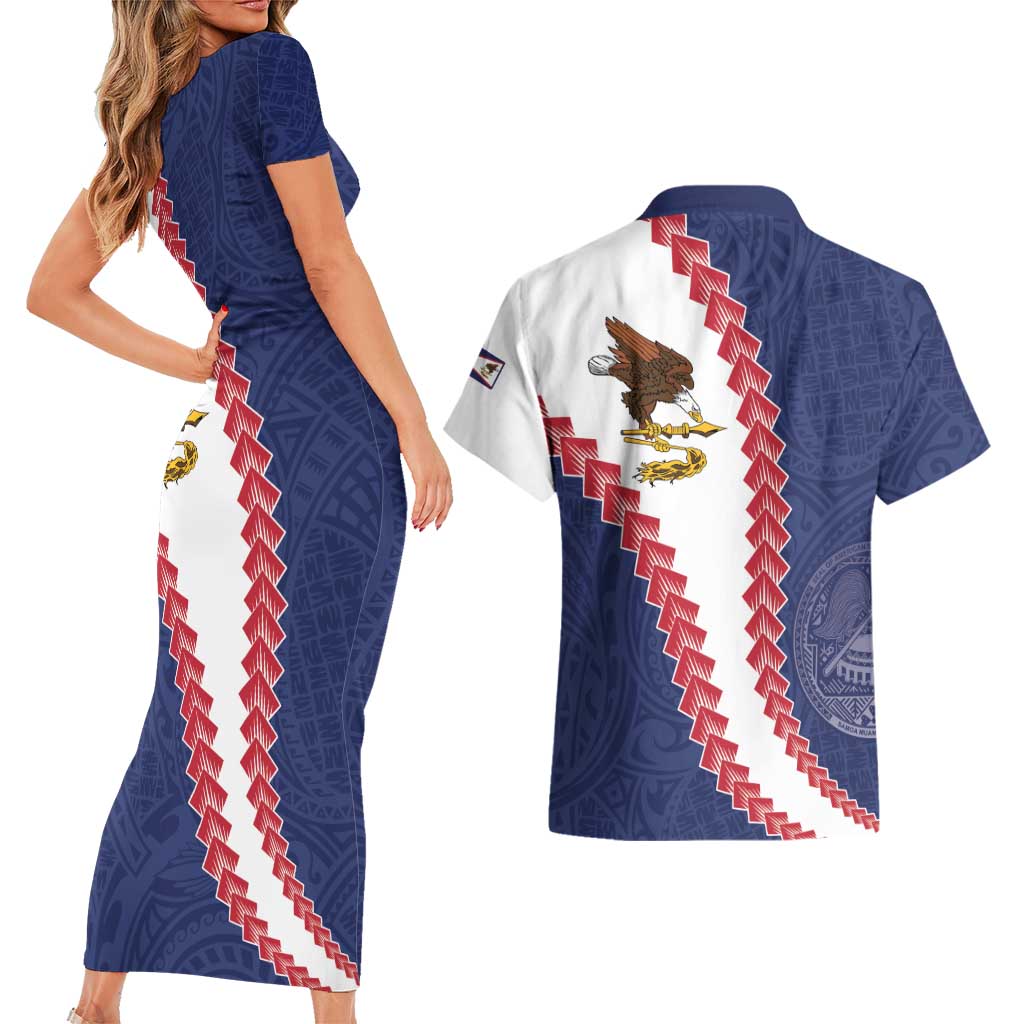 American Samoa Eagle Couples Matching Short Sleeve Bodycon Dress and Hawaiian Shirt Polynesian Tribal Pattern Curve Style