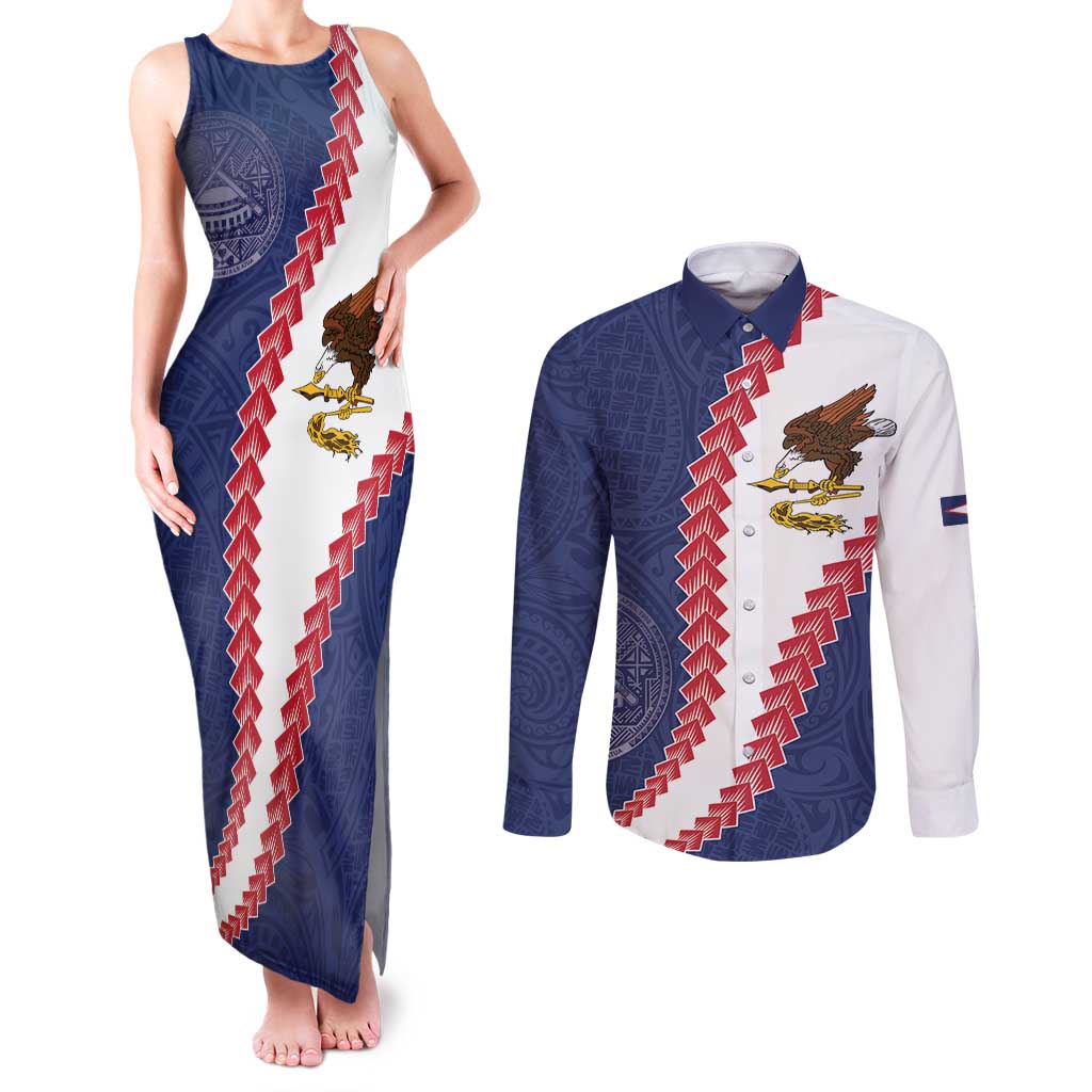 American Samoa Eagle Couples Matching Tank Maxi Dress and Long Sleeve Button Shirt Polynesian Tribal Pattern Curve Style