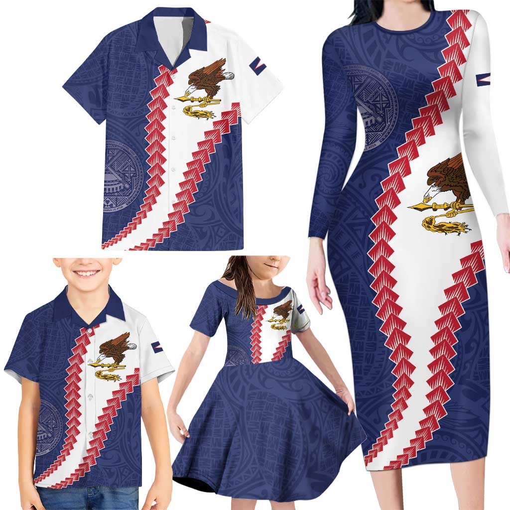 American Samoa Eagle Family Matching Long Sleeve Bodycon Dress and Hawaiian Shirt Polynesian Tribal Pattern Curve Style