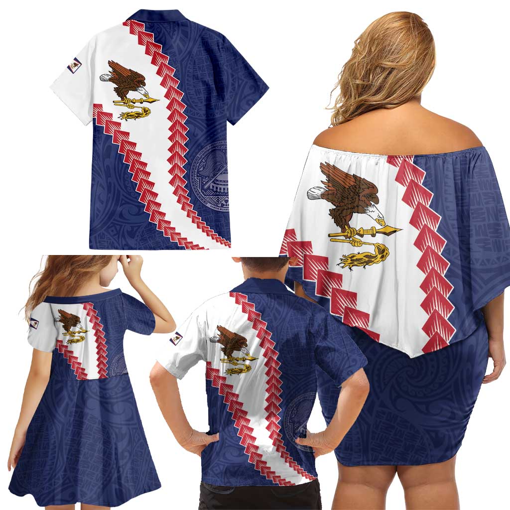 American Samoa Eagle Family Matching Off Shoulder Short Dress and Hawaiian Shirt Polynesian Tribal Pattern Curve Style