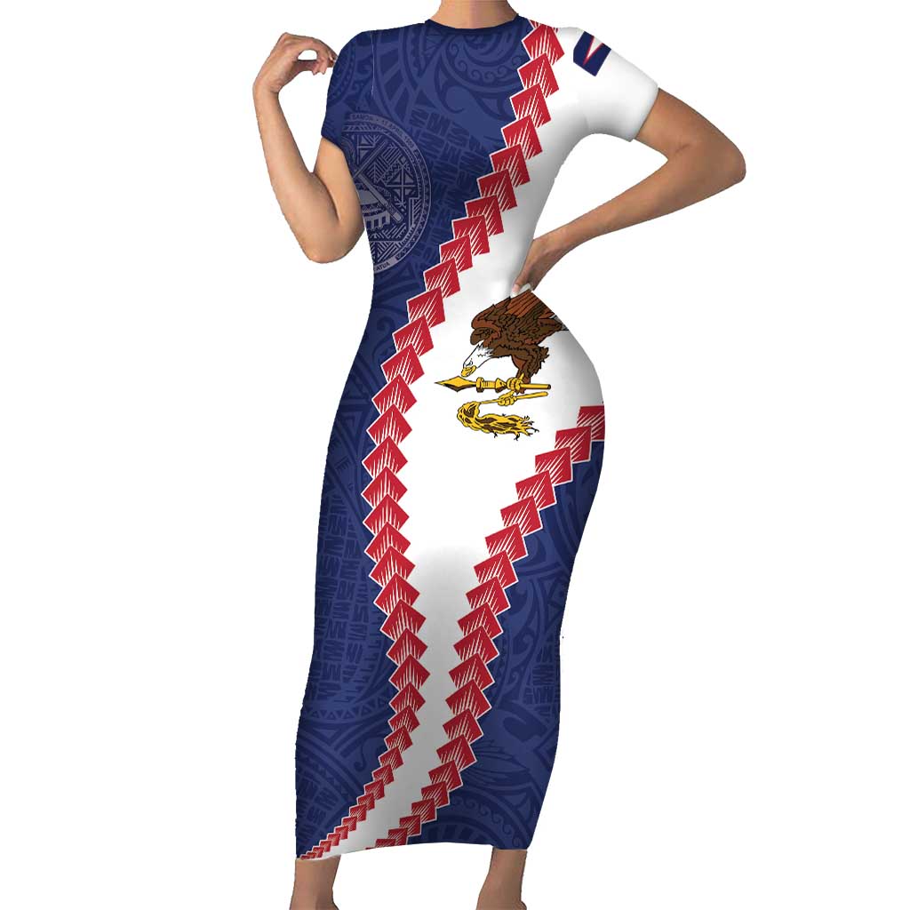 American Samoa Eagle Family Matching Short Sleeve Bodycon Dress and Hawaiian Shirt Polynesian Tribal Pattern Curve Style LT05 Mom's Dress Blue - Polynesian Pride