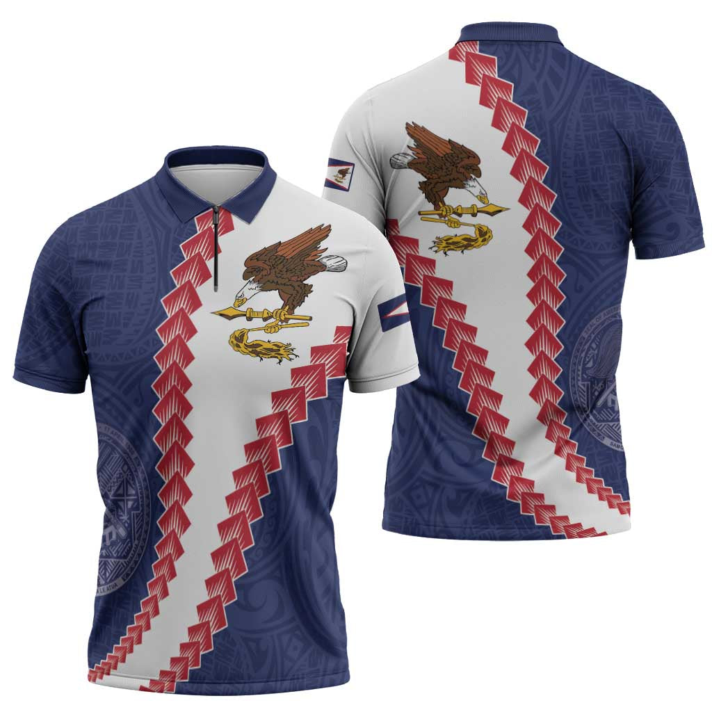 American Samoa Eagle Zipper Polo Shirt Polynesian Tribal Pattern Curve Style