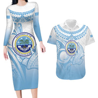 Micronesia Constitution Day Couples Matching Long Sleeve Bodycon Dress and Hawaiian Shirt Polynesian Tribal Tattoo Simple Style LT05 Blue - Polynesian Pride