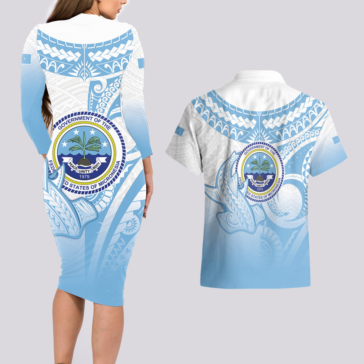 Micronesia Constitution Day Couples Matching Long Sleeve Bodycon Dress and Hawaiian Shirt Polynesian Tribal Tattoo Simple Style LT05 - Polynesian Pride