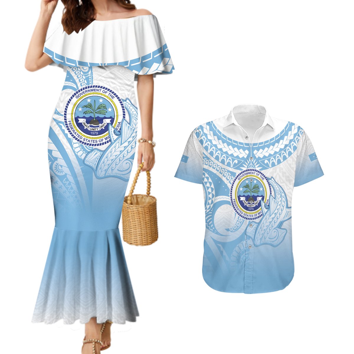 Micronesia Constitution Day Couples Matching Mermaid Dress and Hawaiian Shirt Polynesian Tribal Tattoo Simple Style LT05 Blue - Polynesian Pride