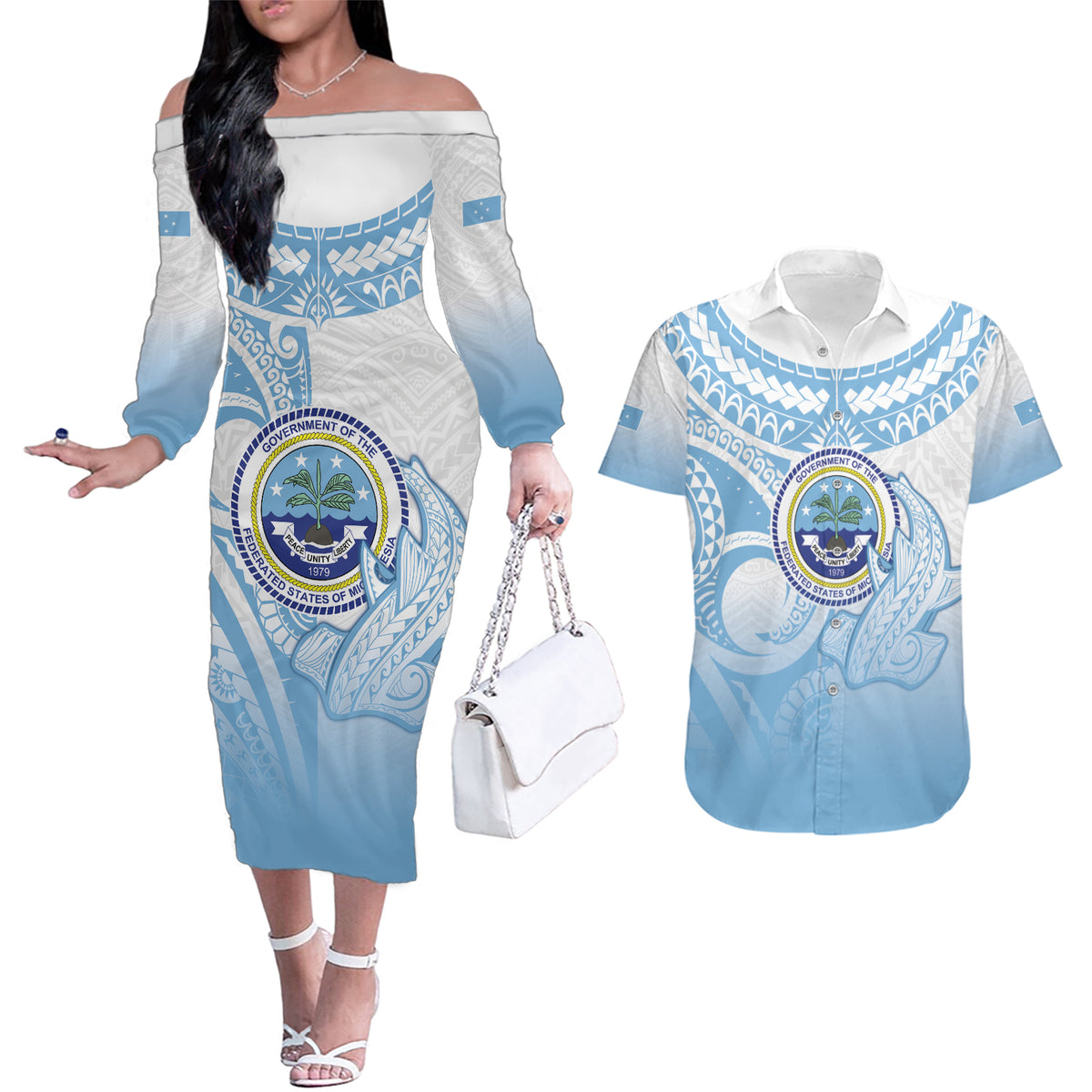Micronesia Constitution Day Couples Matching Off The Shoulder Long Sleeve Dress and Hawaiian Shirt Polynesian Tribal Tattoo Simple Style LT05 Blue - Polynesian Pride