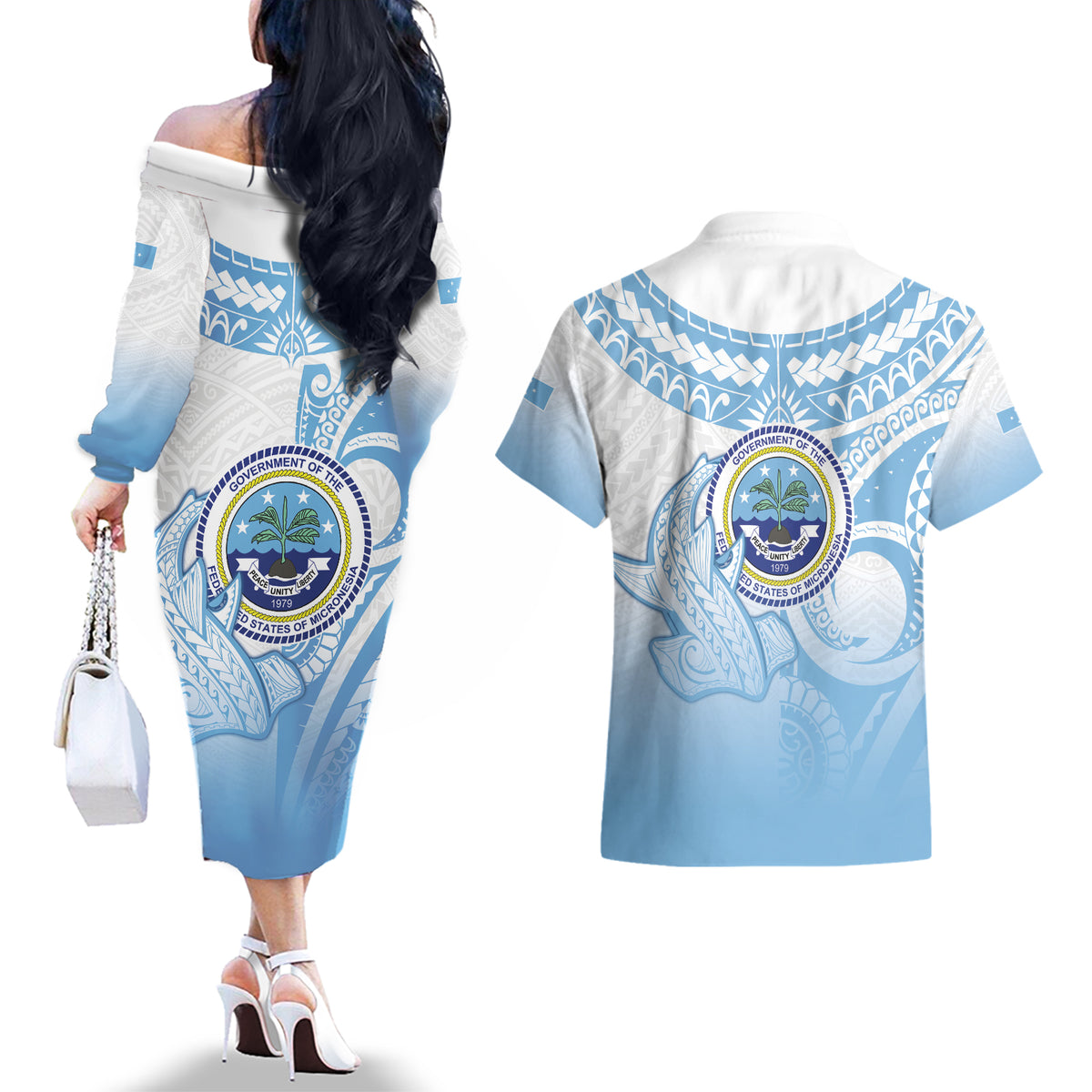 Micronesia Constitution Day Couples Matching Off The Shoulder Long Sleeve Dress and Hawaiian Shirt Polynesian Tribal Tattoo Simple Style LT05 - Polynesian Pride