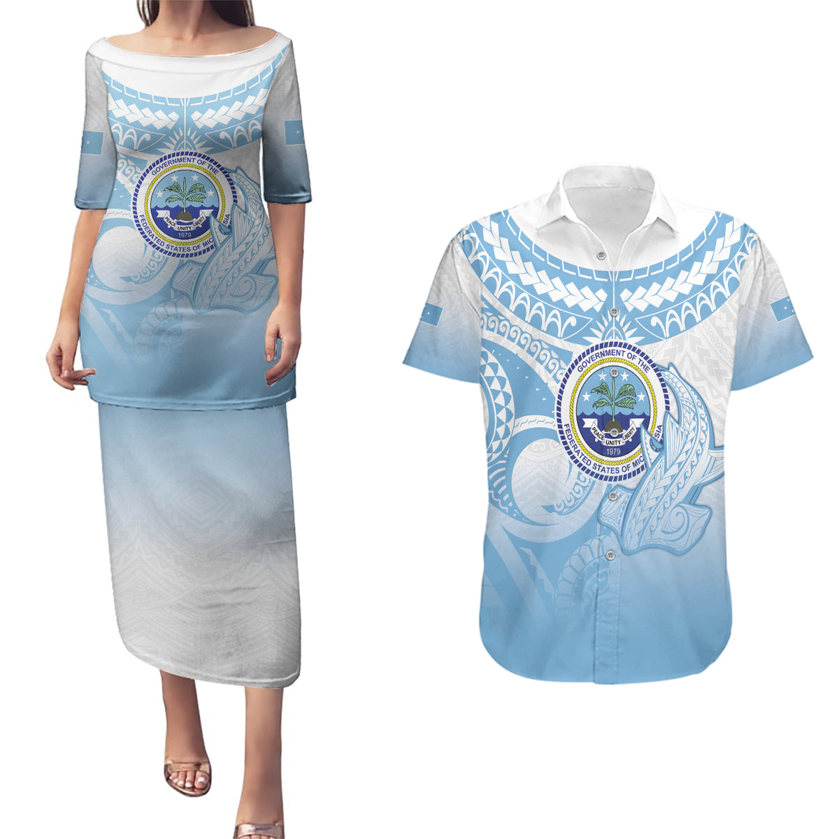 Micronesia Constitution Day Couples Matching Puletasi and Hawaiian Shirt Polynesian Tribal Tattoo Simple Style