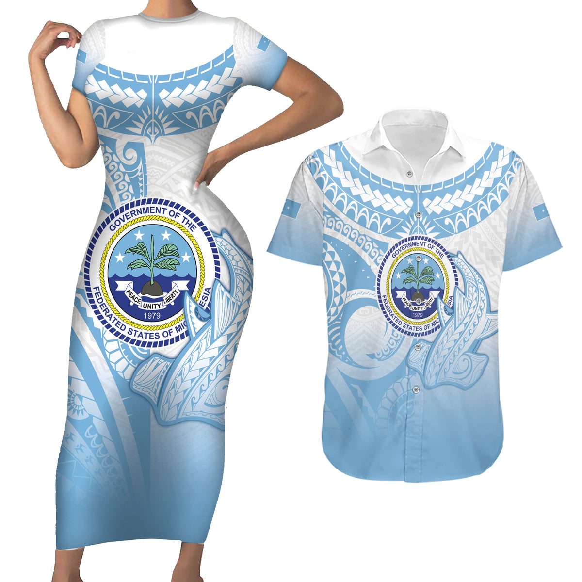 Micronesia Constitution Day Couples Matching Short Sleeve Bodycon Dress and Hawaiian Shirt Polynesian Tribal Tattoo Simple Style LT05 Blue - Polynesian Pride