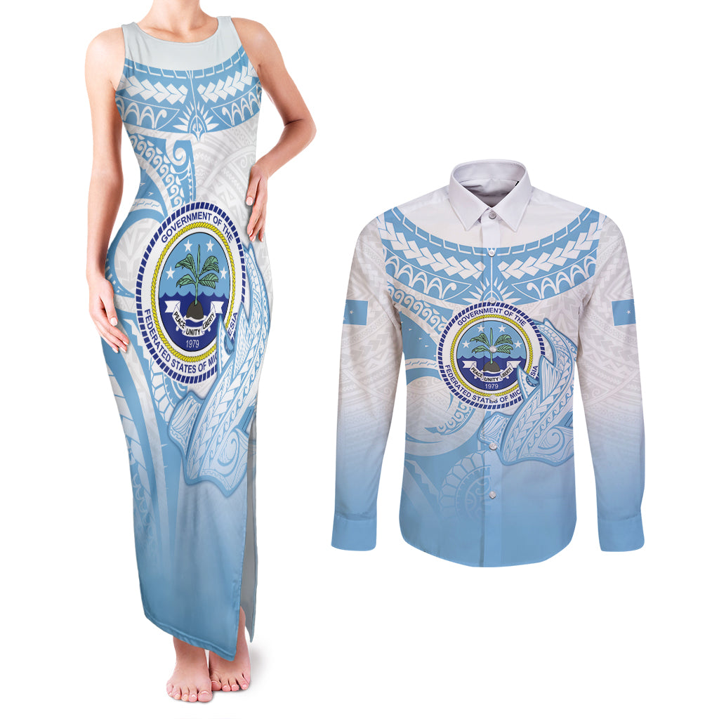 Micronesia Constitution Day Couples Matching Tank Maxi Dress and Long Sleeve Button Shirt Polynesian Tribal Tattoo Simple Style