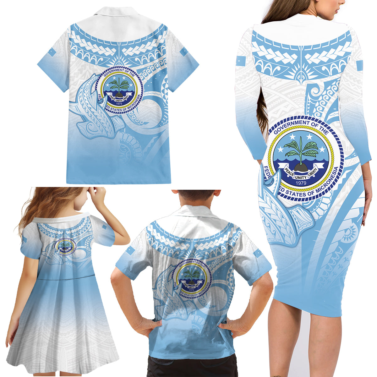Micronesia Constitution Day Family Matching Long Sleeve Bodycon Dress and Hawaiian Shirt Polynesian Tribal Tattoo Simple Style LT05 - Polynesian Pride
