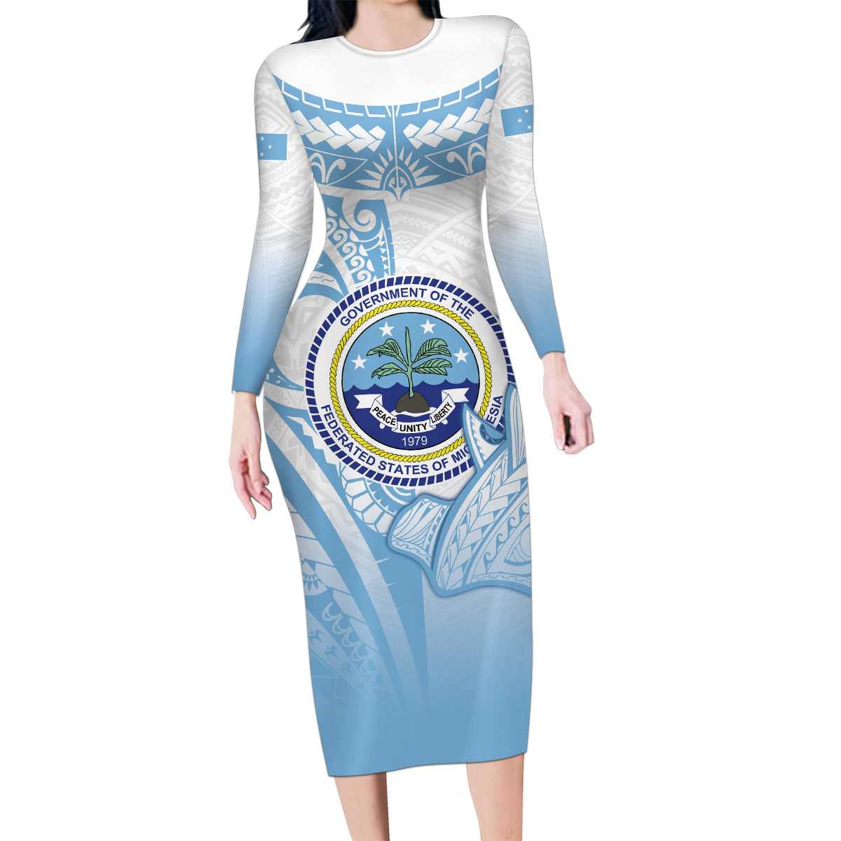 Micronesia Constitution Day Family Matching Long Sleeve Bodycon Dress and Hawaiian Shirt Polynesian Tribal Tattoo Simple Style LT05 Mom's Dress Blue - Polynesian Pride