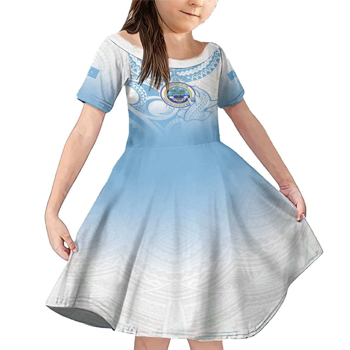 Micronesia Constitution Day Family Matching Mermaid Dress and Hawaiian Shirt Polynesian Tribal Tattoo Simple Style LT05 Daughter's Dress Blue - Polynesian Pride
