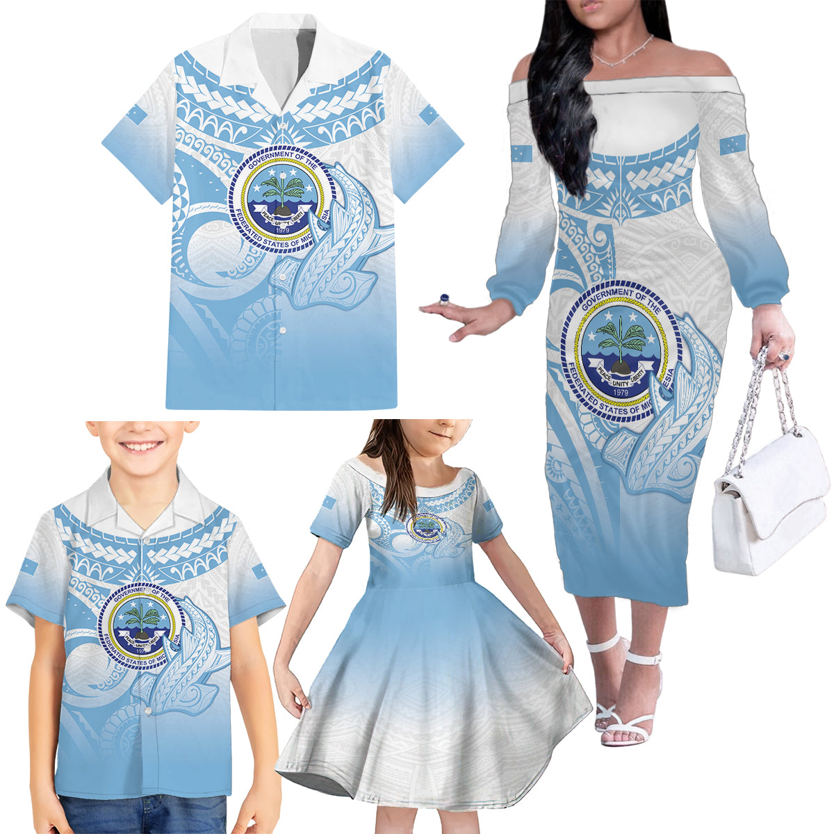 Micronesia Constitution Day Family Matching Off The Shoulder Long Sleeve Dress and Hawaiian Shirt Polynesian Tribal Tattoo Simple Style LT05 - Polynesian Pride