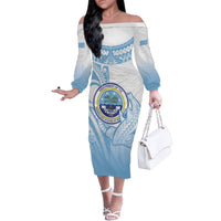 Micronesia Constitution Day Family Matching Off The Shoulder Long Sleeve Dress and Hawaiian Shirt Polynesian Tribal Tattoo Simple Style LT05 Mom's Dress Blue - Polynesian Pride