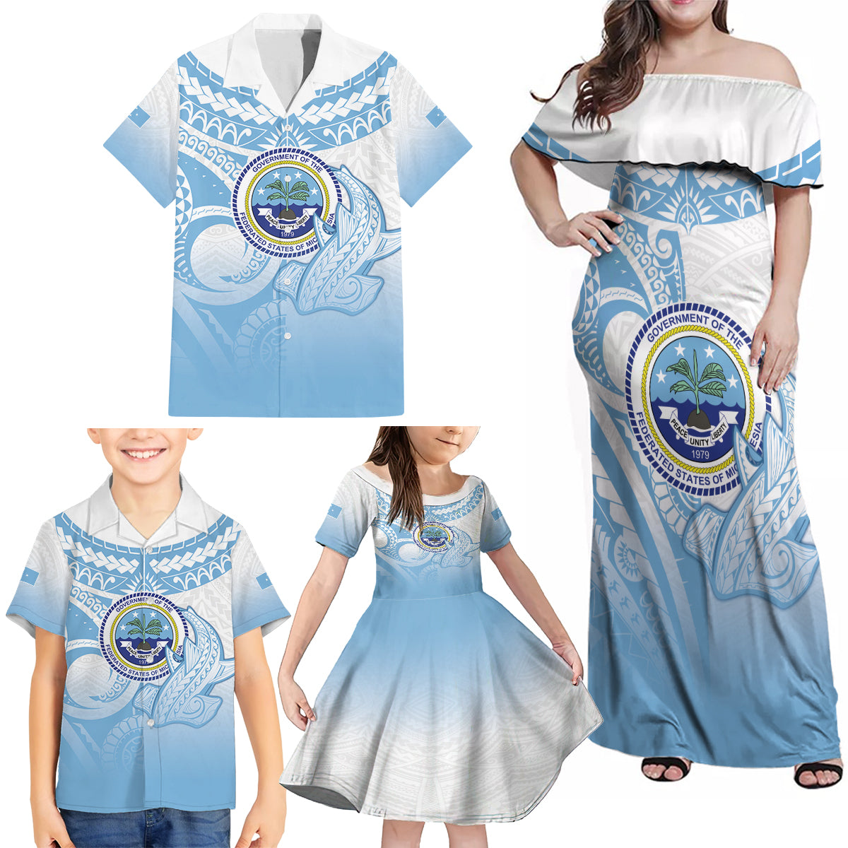 Micronesia Constitution Day Family Matching Off Shoulder Maxi Dress and Hawaiian Shirt Polynesian Tribal Tattoo Simple Style LT05 - Polynesian Pride