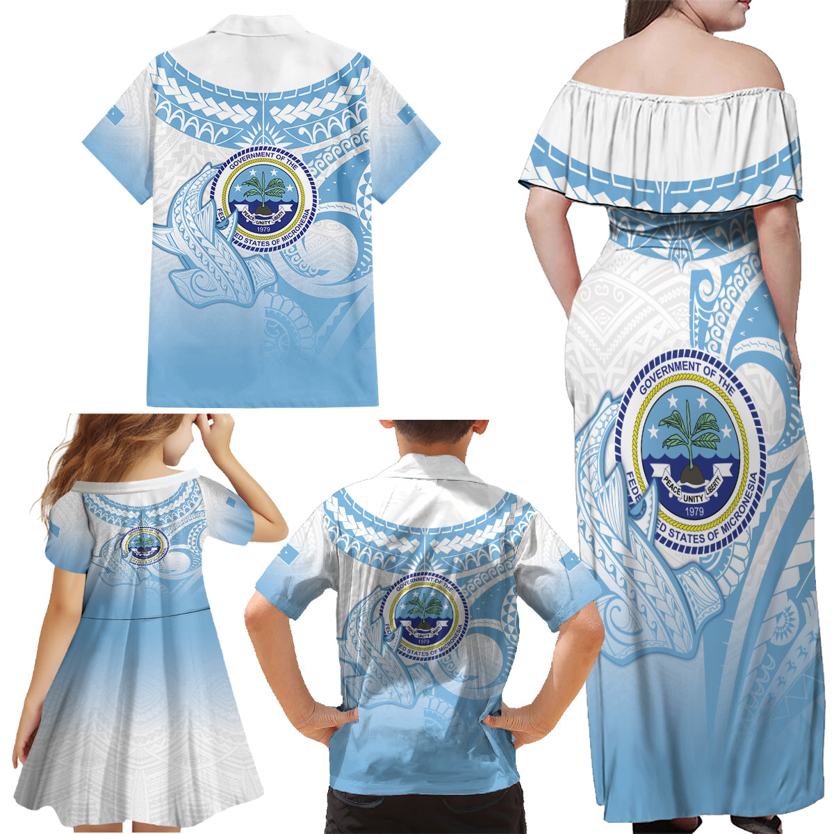 Micronesia Constitution Day Family Matching Off Shoulder Maxi Dress and Hawaiian Shirt Polynesian Tribal Tattoo Simple Style LT05 - Polynesian Pride