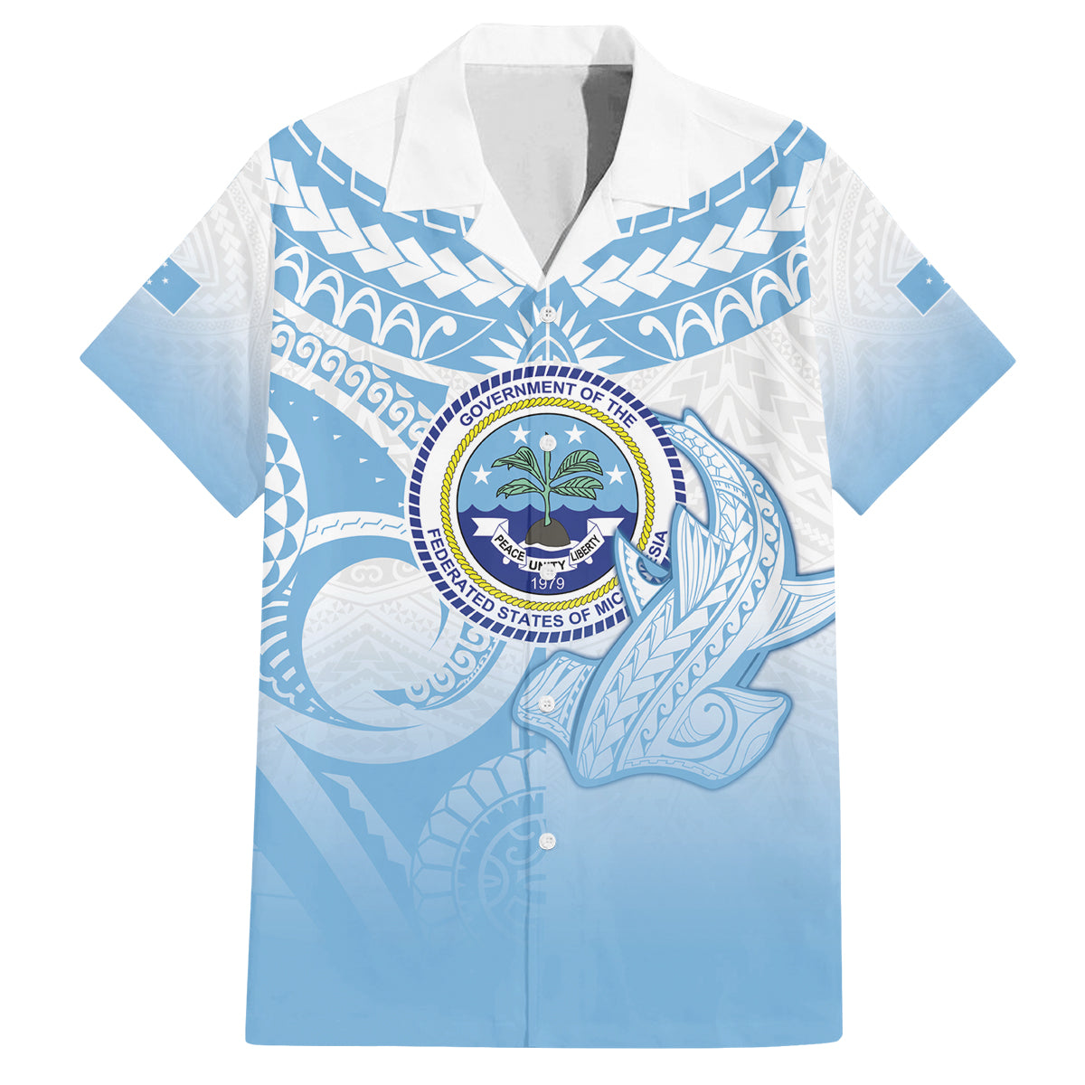 Micronesia Constitution Day Family Matching Off Shoulder Maxi Dress and Hawaiian Shirt Polynesian Tribal Tattoo Simple Style LT05 Dad's Shirt - Short Sleeve Blue - Polynesian Pride