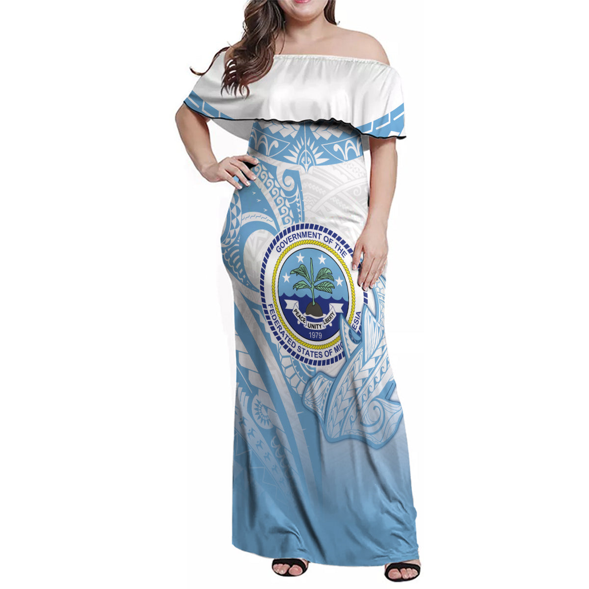 Micronesia Constitution Day Family Matching Off Shoulder Maxi Dress and Hawaiian Shirt Polynesian Tribal Tattoo Simple Style LT05 Mom's Dress Blue - Polynesian Pride