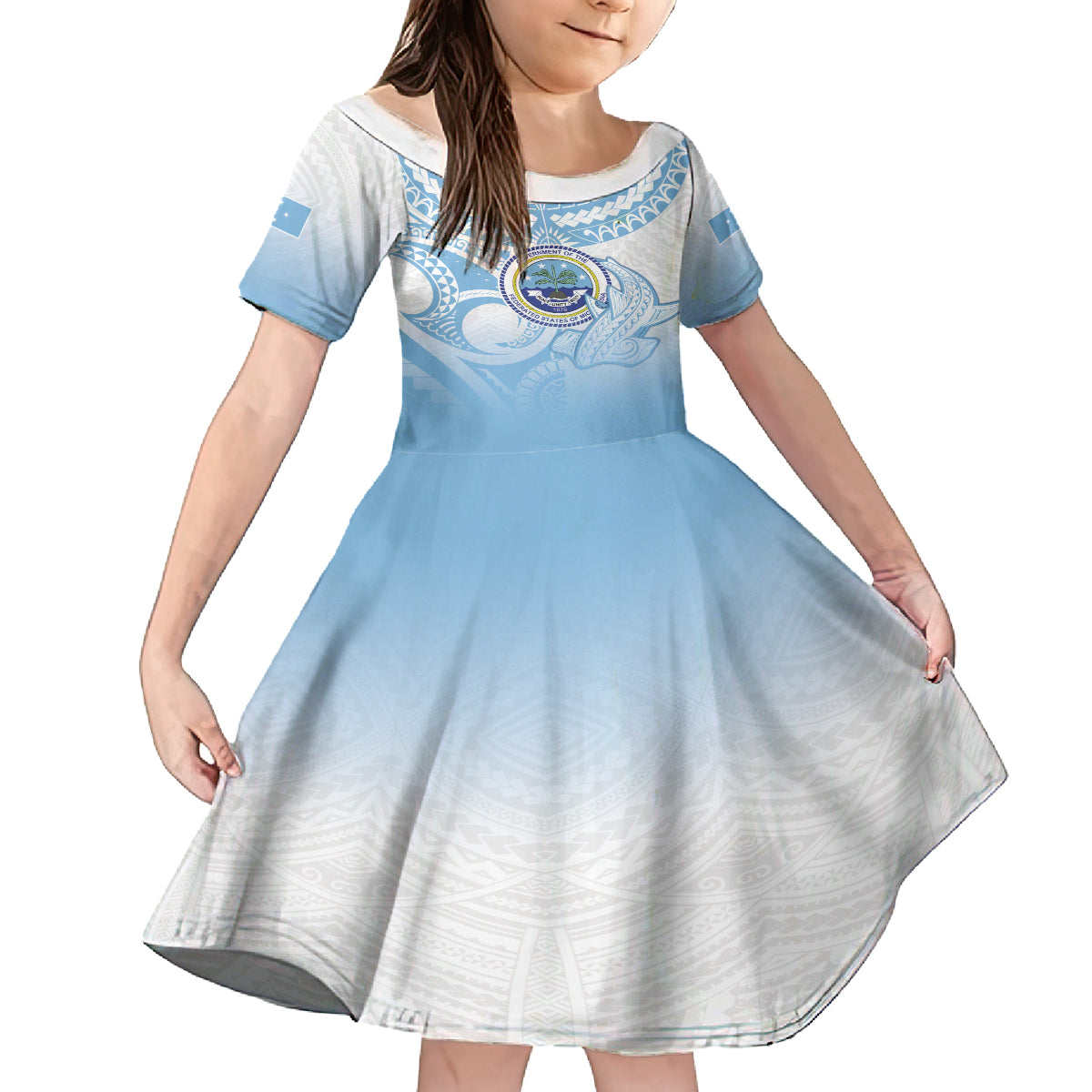Micronesia Constitution Day Family Matching Off Shoulder Short Dress and Hawaiian Shirt Polynesian Tribal Tattoo Simple Style LT05 Daughter's Dress Blue - Polynesian Pride