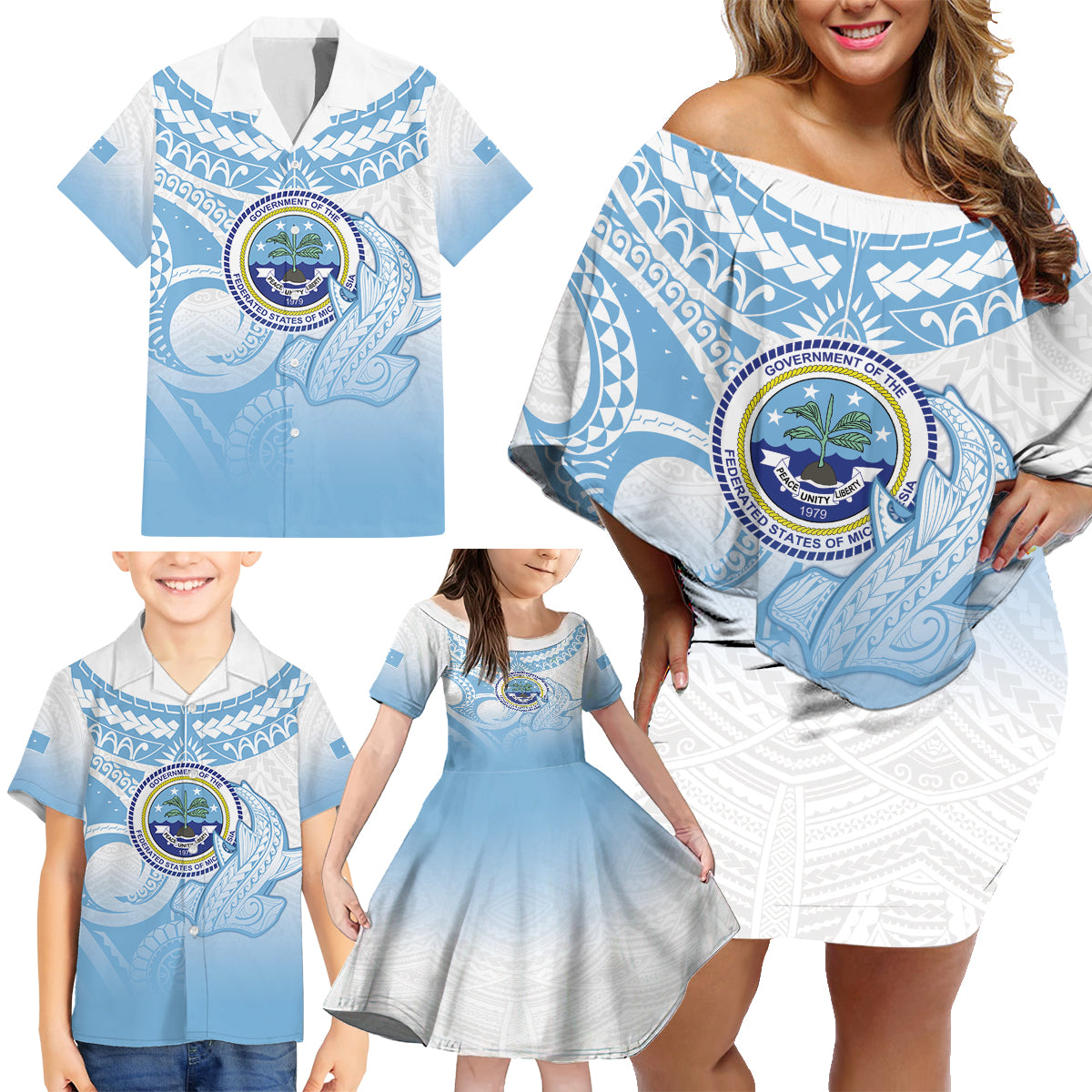 Micronesia Constitution Day Family Matching Off Shoulder Short Dress and Hawaiian Shirt Polynesian Tribal Tattoo Simple Style LT05 - Polynesian Pride