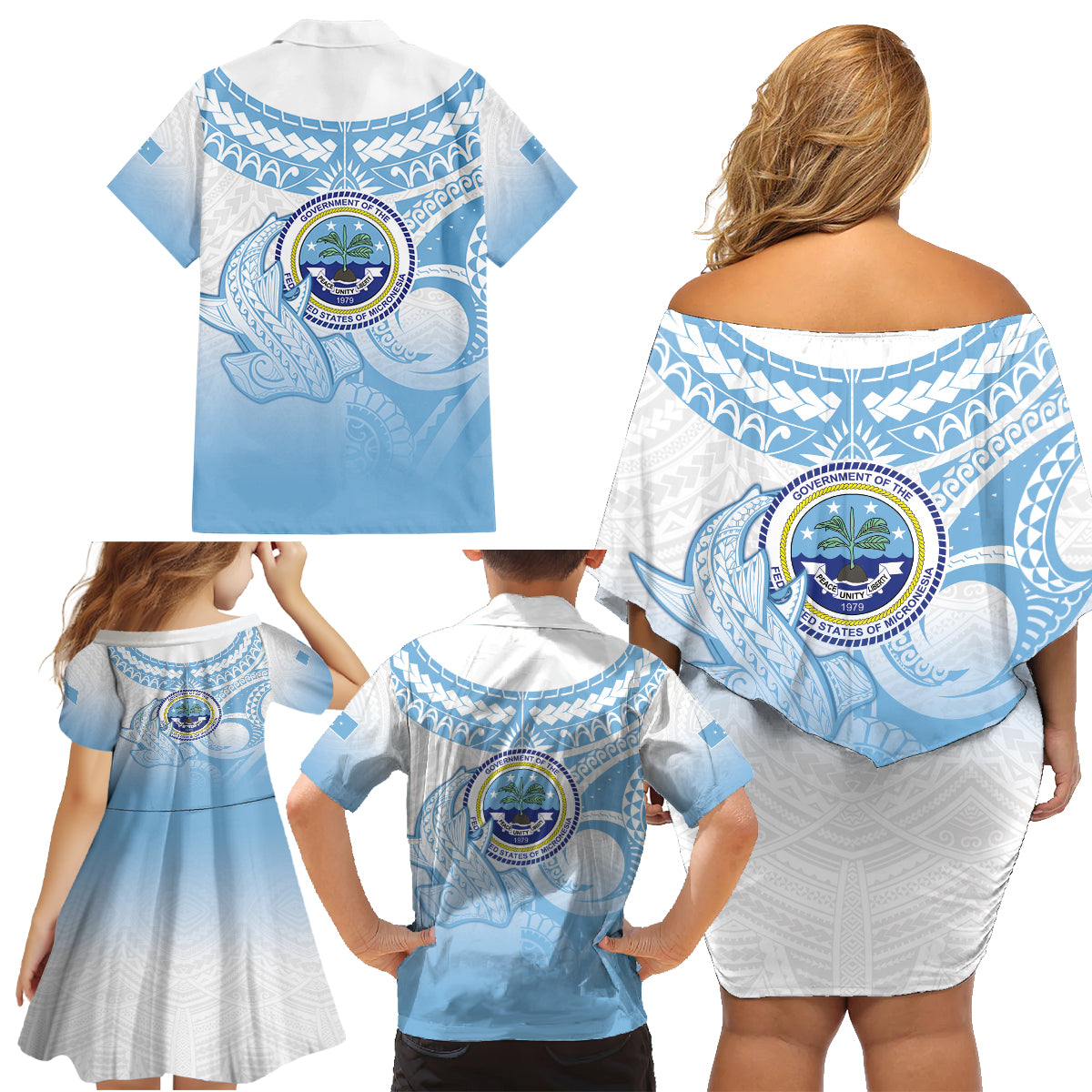 Micronesia Constitution Day Family Matching Off Shoulder Short Dress and Hawaiian Shirt Polynesian Tribal Tattoo Simple Style LT05 - Polynesian Pride