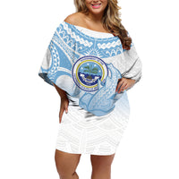 Micronesia Constitution Day Family Matching Off Shoulder Short Dress and Hawaiian Shirt Polynesian Tribal Tattoo Simple Style LT05 Mom's Dress Blue - Polynesian Pride