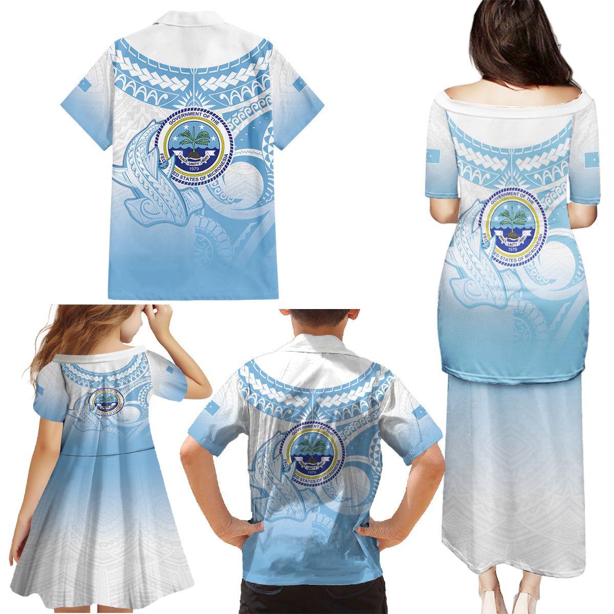 Micronesia Constitution Day Family Matching Puletasi and Hawaiian Shirt Polynesian Tribal Tattoo Simple Style LT05 - Polynesian Pride