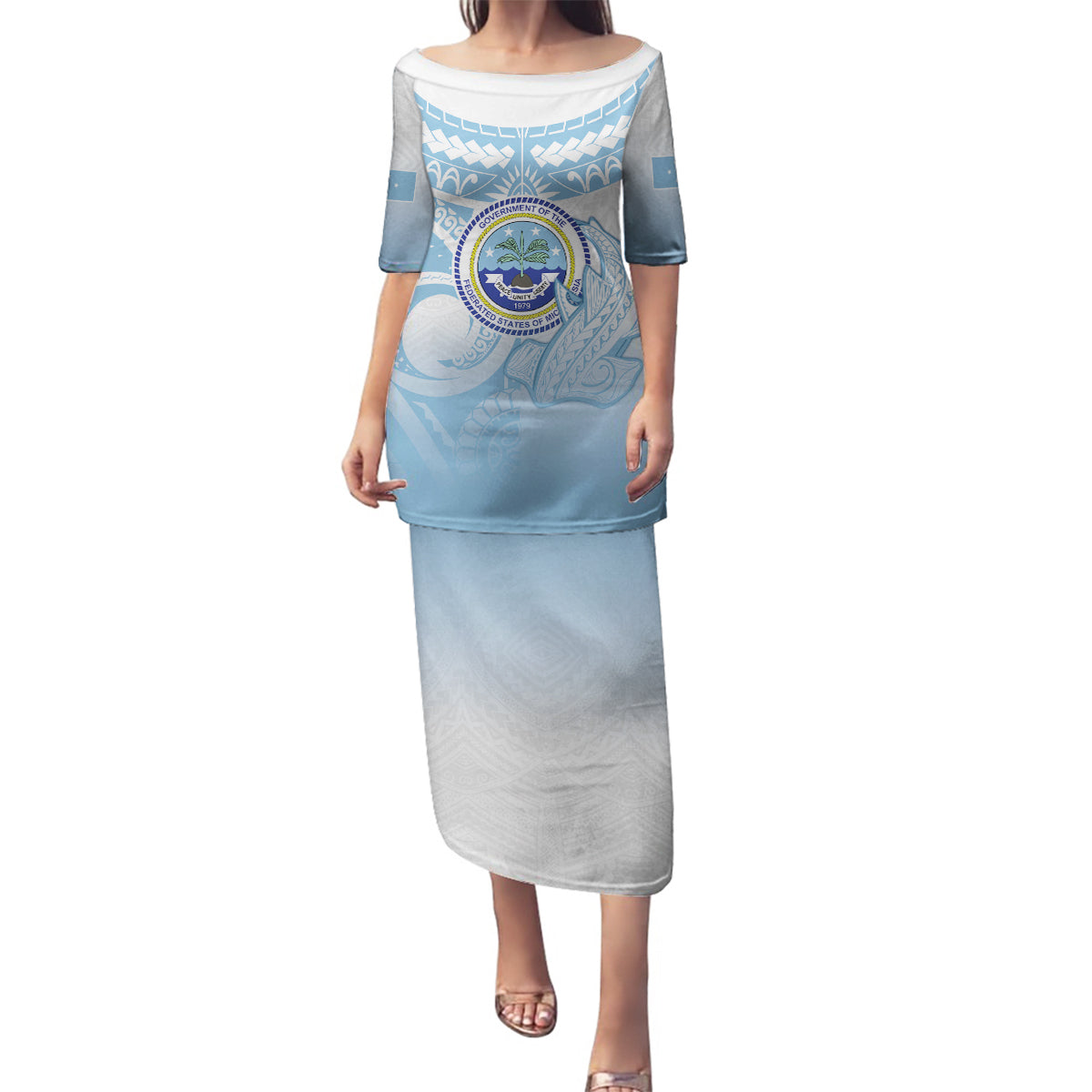 Micronesia Constitution Day Family Matching Puletasi and Hawaiian Shirt Polynesian Tribal Tattoo Simple Style LT05 Mom's Dress Blue - Polynesian Pride
