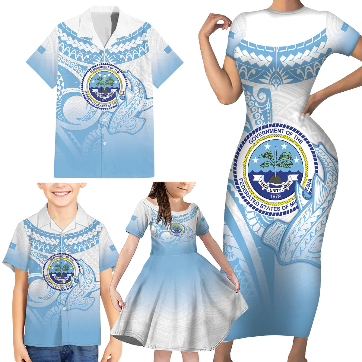 Micronesia Constitution Day Family Matching Short Sleeve Bodycon Dress and Hawaiian Shirt Polynesian Tribal Tattoo Simple Style LT05 - Polynesian Pride