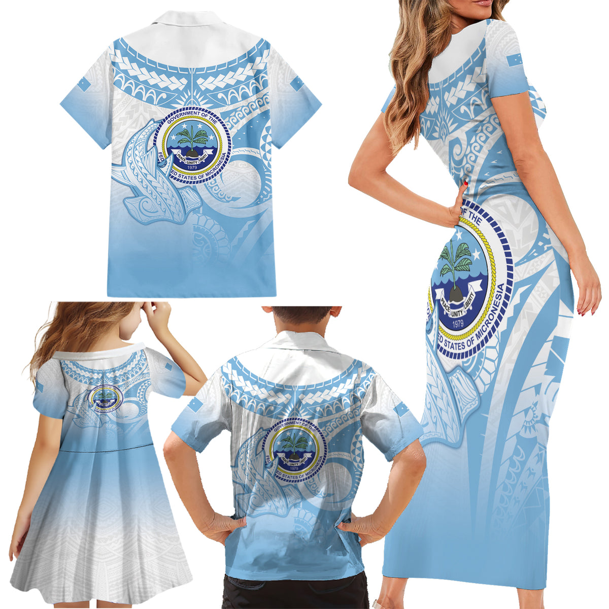 Micronesia Constitution Day Family Matching Short Sleeve Bodycon Dress and Hawaiian Shirt Polynesian Tribal Tattoo Simple Style LT05 - Polynesian Pride