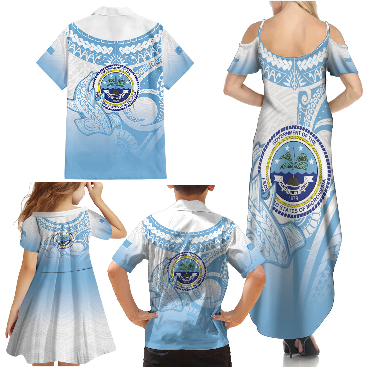 Micronesia Constitution Day Family Matching Summer Maxi Dress and Hawaiian Shirt Polynesian Tribal Tattoo Simple Style LT05 - Polynesian Pride