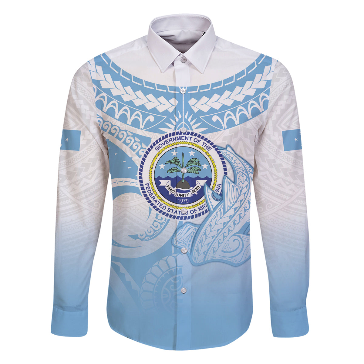 Micronesia Constitution Day Family Matching Summer Maxi Dress and Hawaiian Shirt Polynesian Tribal Tattoo Simple Style LT05 Dad's Shirt - Long Sleeve Blue - Polynesian Pride