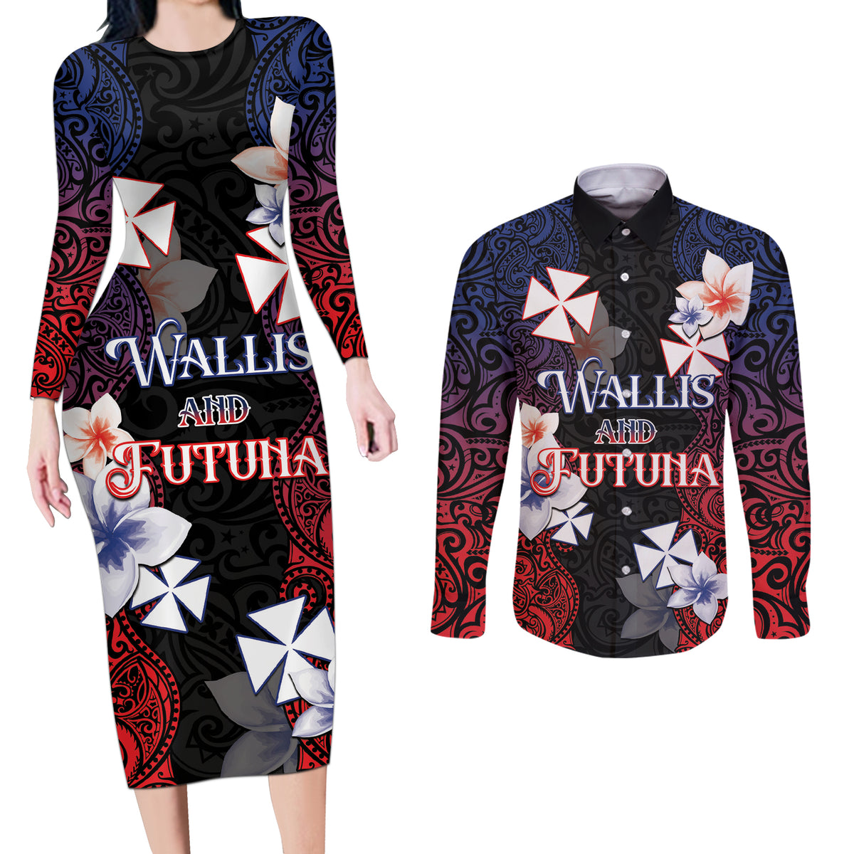 Wallis and Futuna Uvea Couples Matching Long Sleeve Bodycon Dress and Long Sleeve Button Shirt Victory Day With Frangipani LT05 Black - Polynesian Pride