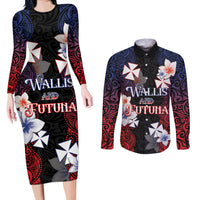 Wallis and Futuna Uvea Couples Matching Long Sleeve Bodycon Dress and Long Sleeve Button Shirt Victory Day With Frangipani LT05 Black - Polynesian Pride
