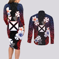 Wallis and Futuna Uvea Couples Matching Long Sleeve Bodycon Dress and Long Sleeve Button Shirt Victory Day With Frangipani LT05 - Polynesian Pride