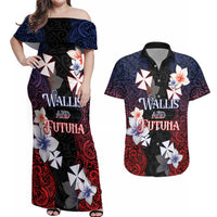 Wallis and Futuna Uvea Couples Matching Off Shoulder Maxi Dress and Hawaiian Shirt Victory Day With Frangipani LT05 Black - Polynesian Pride