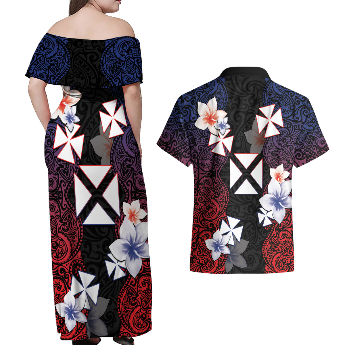 Wallis and Futuna Uvea Couples Matching Off Shoulder Maxi Dress and Hawaiian Shirt Victory Day With Frangipani LT05 - Polynesian Pride